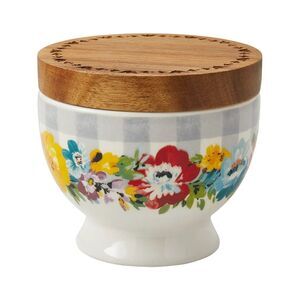 Pioneer Woman Sweet Romance Salt Cellar Floral Stoneware Wood Lid 4 x 4 x 3.5-in